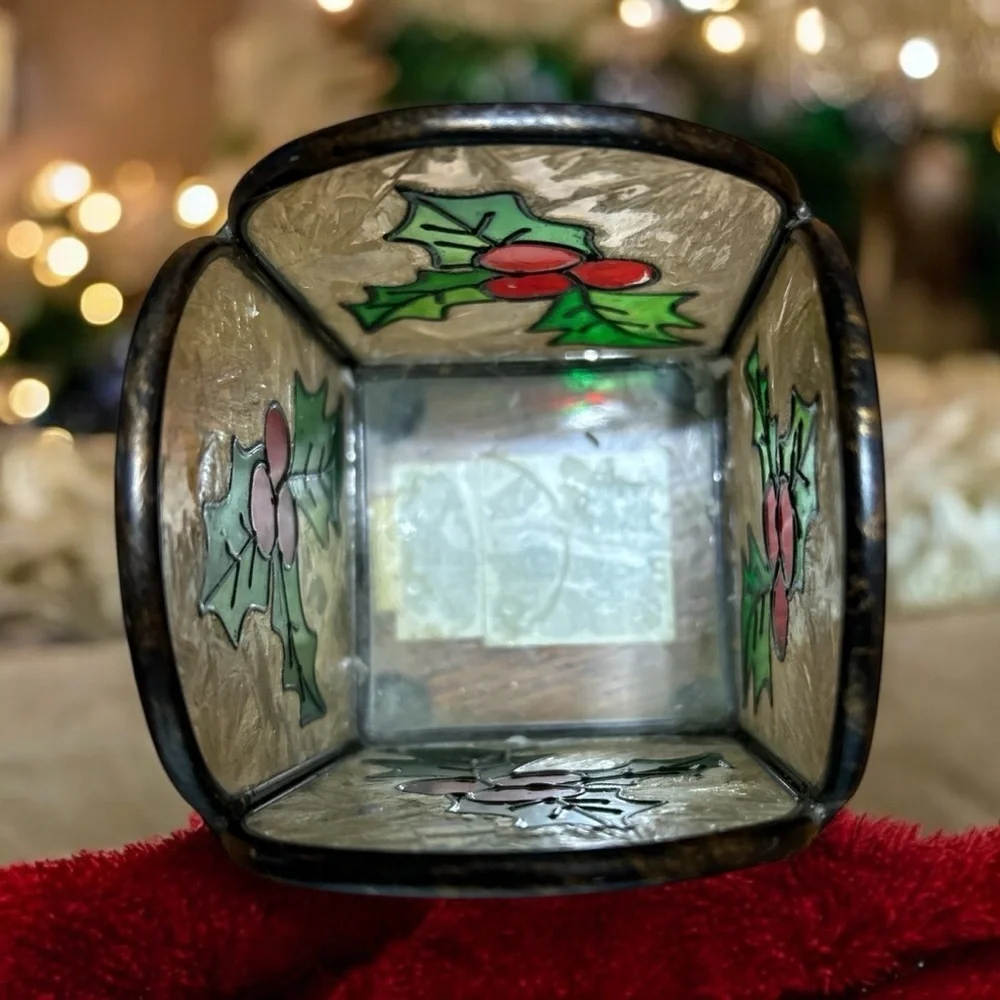 Our America Stained Glass Frosted Holly Berries Candle Holder Christmas